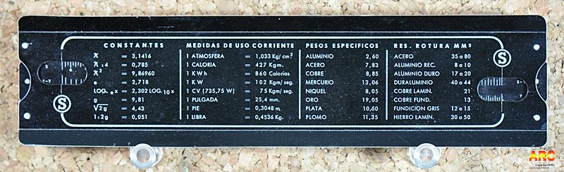 Reverso de la Regla de Calculo Salip de 5 pulgadas